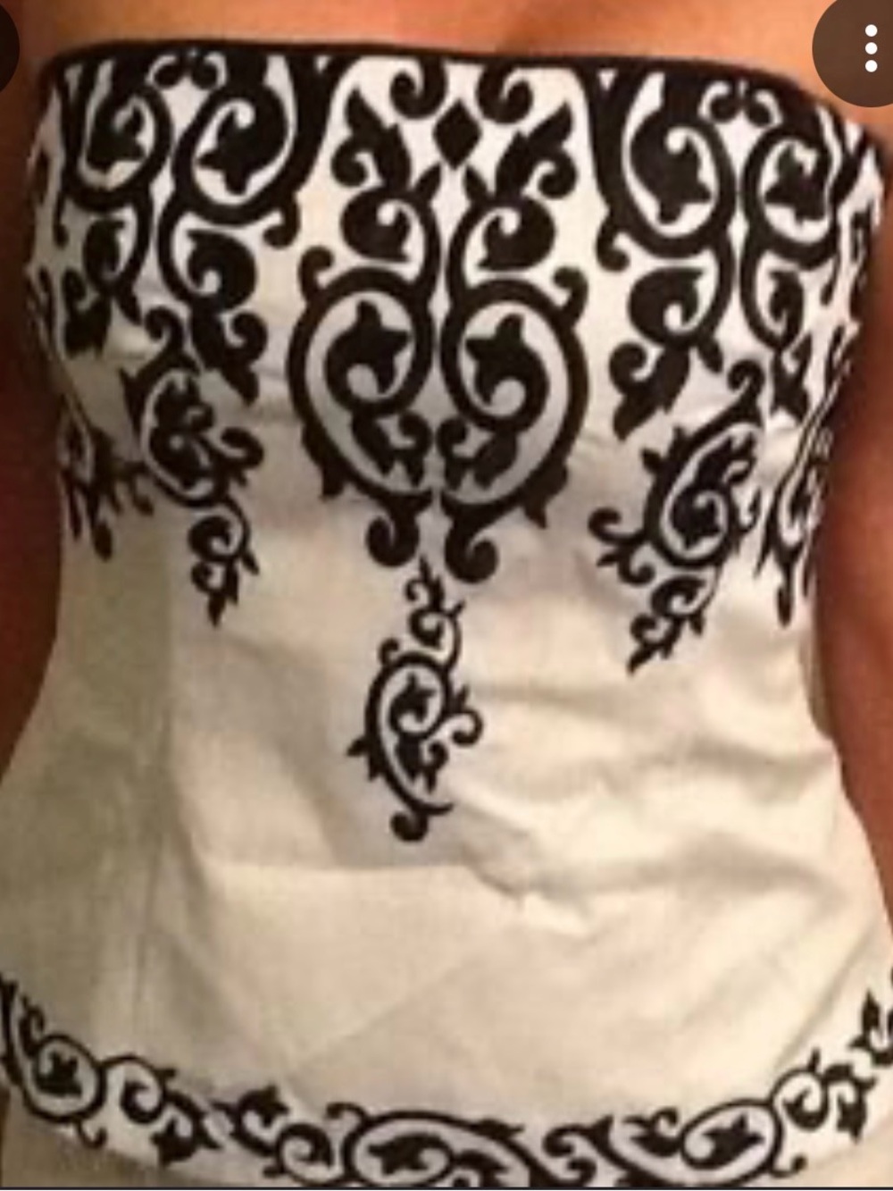 White House Black Market White Strapless Crop Top with Black Scroll Print
